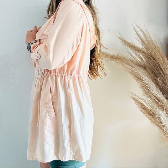 F21 FOREVER 21 Peach Pink Offset Zipper Light Hooded Anorak Trench Coat Jacket L - Picture 11 of 11